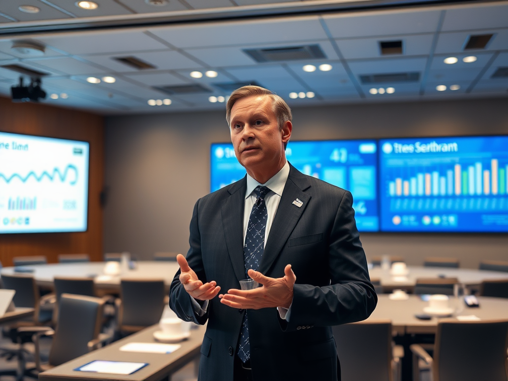 A businessman in a suit gestures during a presentation in a modern conference room with screens displaying data.