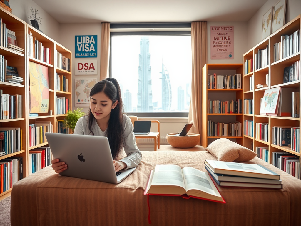 A woman studies on a laptop in a cozy room filled with books and large windows overlooking a city skyline.