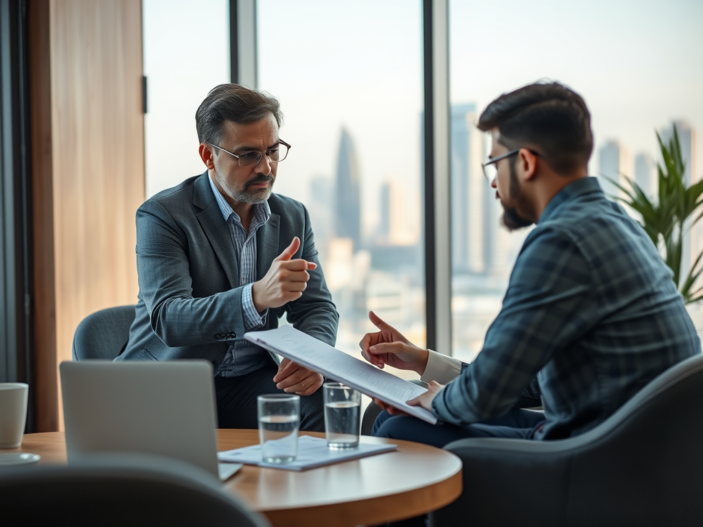 A business meeting between two men discussing documents with a city view in the background.