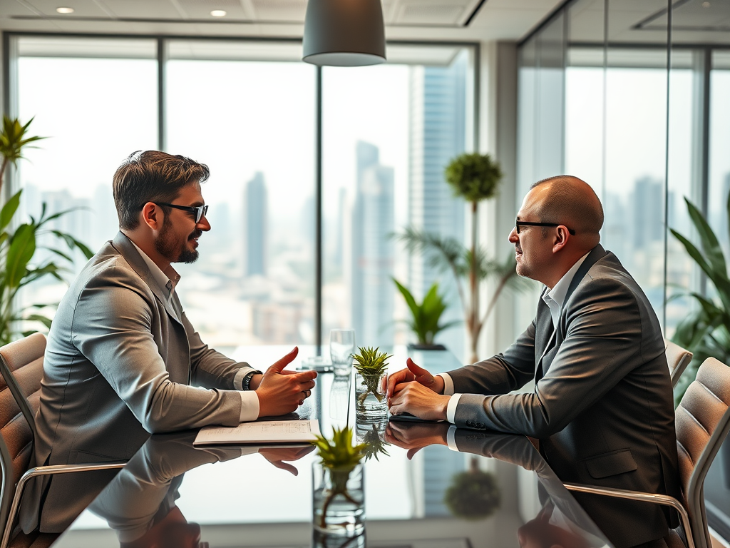 Two men in business suits converse at a sleek table, with a backdrop of a city skyline through large windows.