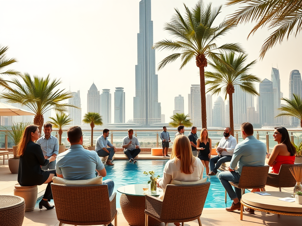 A group of people networking by a poolside in Dubai, with skyscrapers and palm trees in the background.