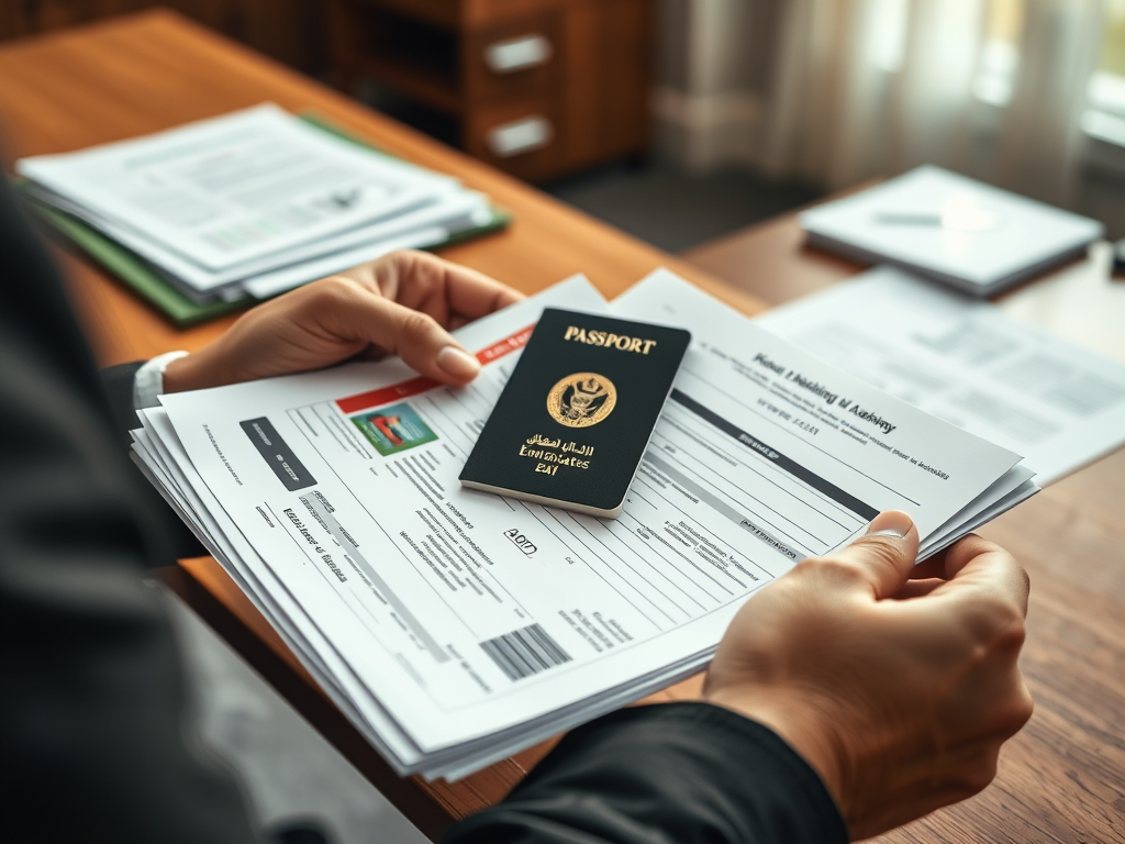 A person holding a passport and documents, sitting at a desk with papers in a well-lit room.