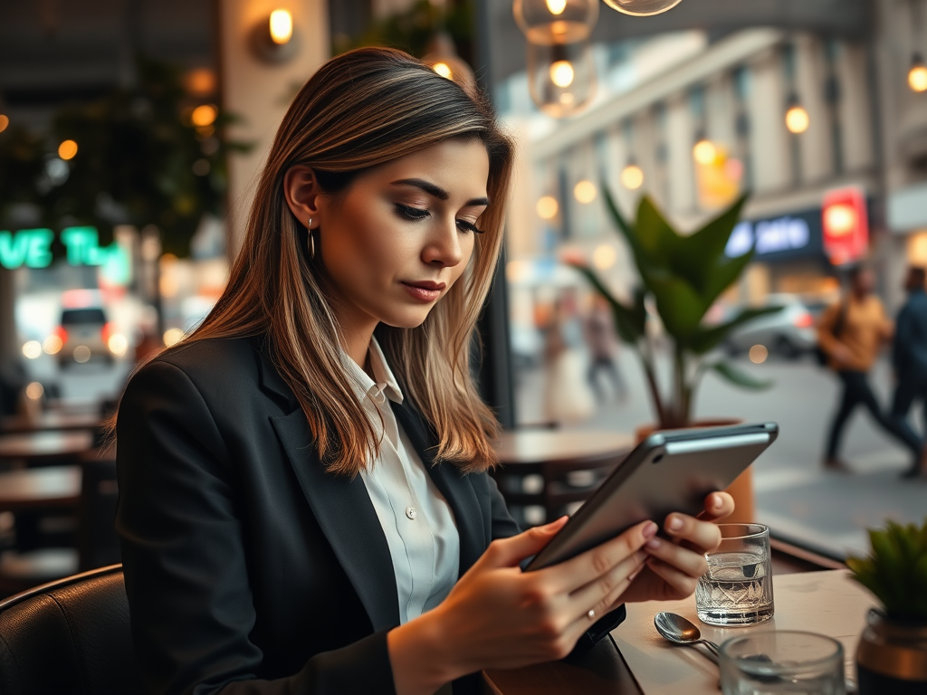 A young woman in a blazer sits at a cafe, focused on a tablet, with city streets visible in the background.