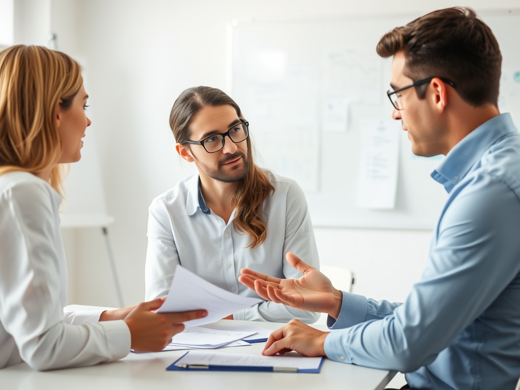 Three professionals discuss documents at a meeting table, focusing intently on the conversation.