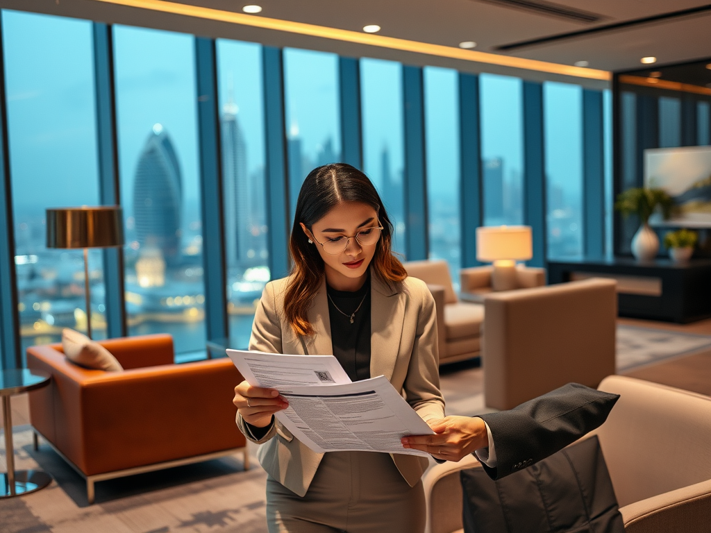 A woman in business attire reads documents in a modern office with a city view during twilight.