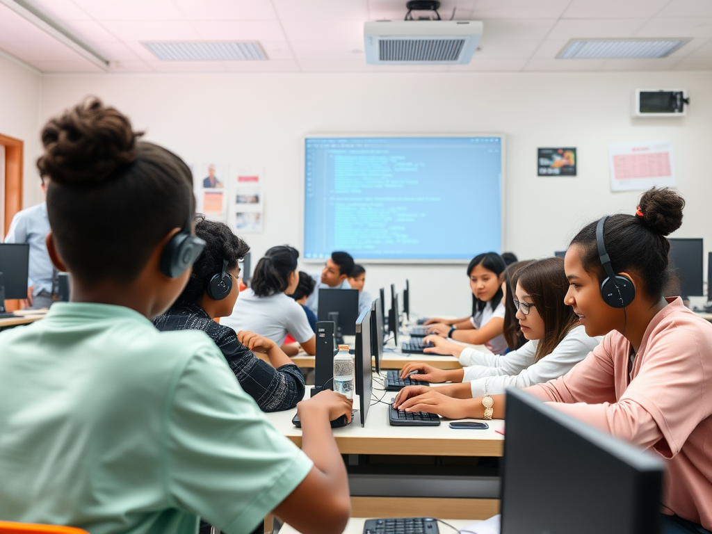 Students engaged in a computer lab, wearing headphones and working on computers with coding on the screen.