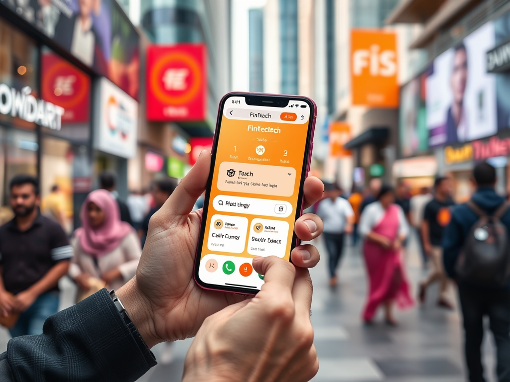 A person holds a smartphone displaying a fintech app in a busy shopping area with many people around.