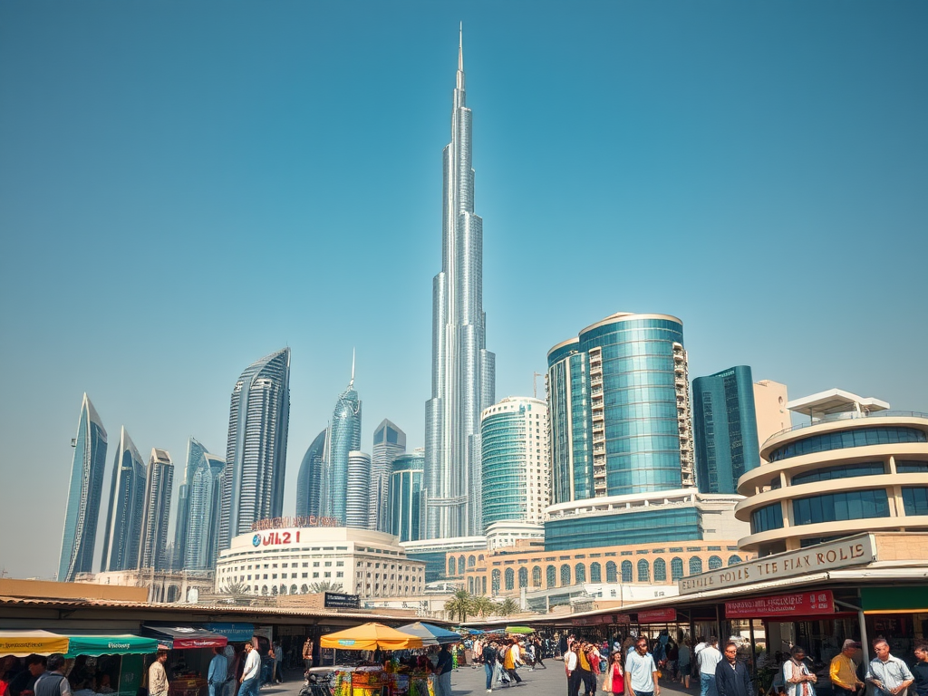 A view of the Burj Khalifa towering over modern skyscrapers and a bustling market in Dubai on a clear day.