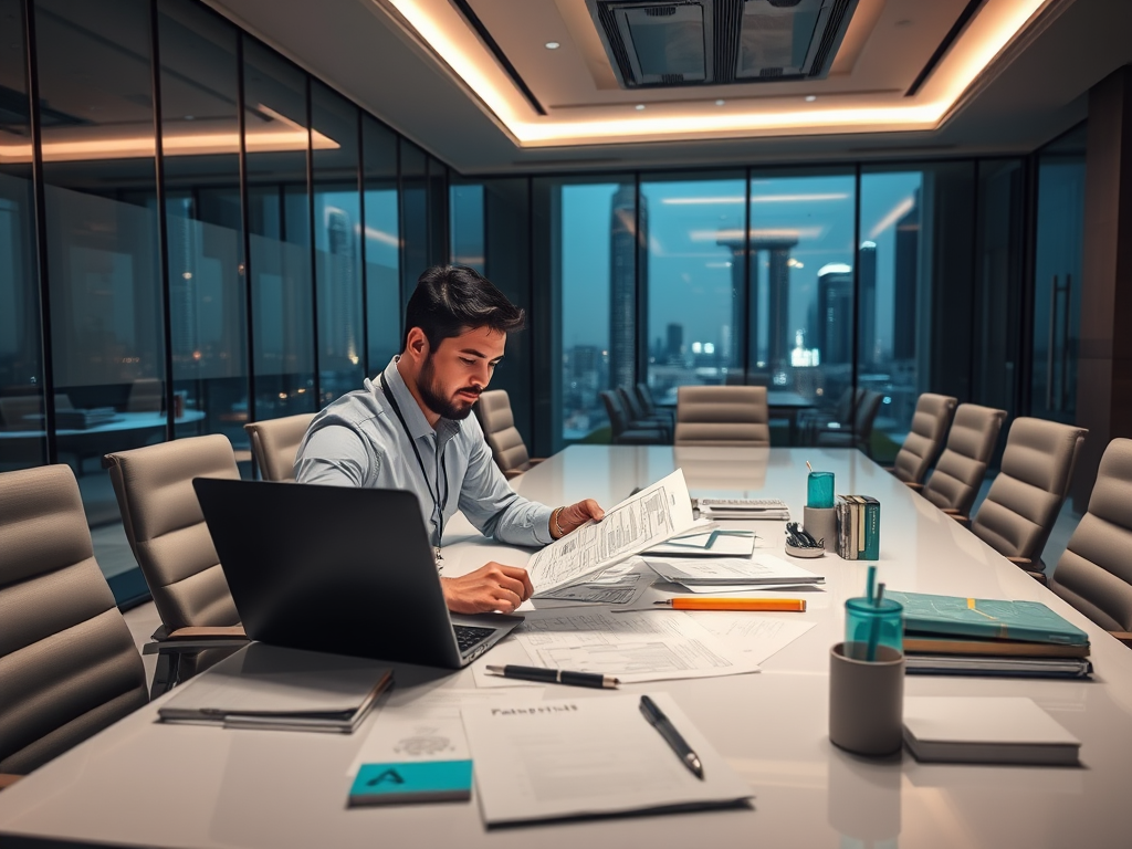 A man reviews documents in a modern conference room with a laptop and paperwork on the table, overlooking a city skyline.