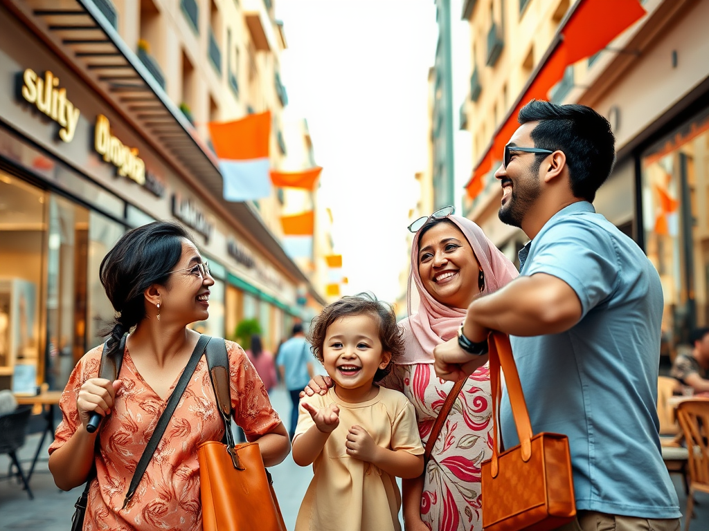 Four people, including a child, smile joyfully while walking down a lively street decorated with flags.