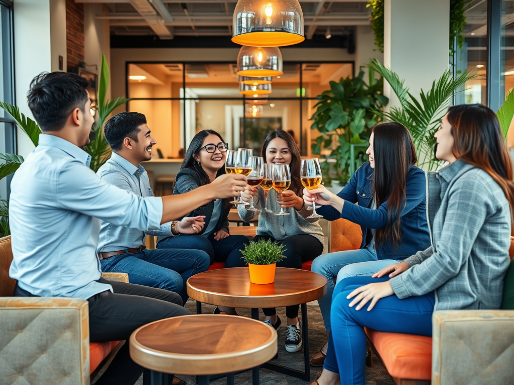 A group of six friends cheers with drinks in a cozy indoor setting adorned with greenery and warm lighting.