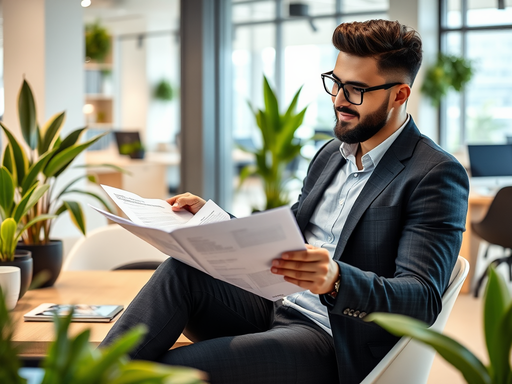 A man in a suit reads documents in a modern office surrounded by plants and bright natural light.