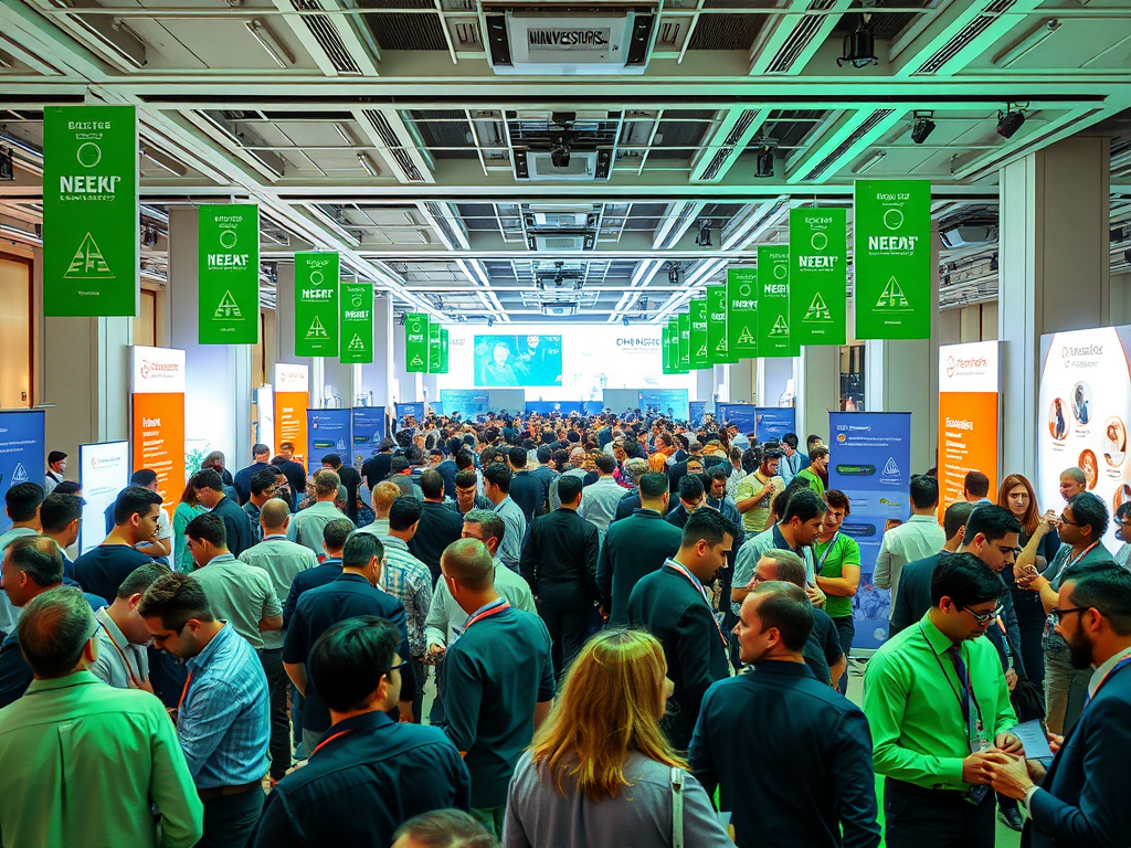 A large crowd of attendees mingles at an event, surrounded by banners and informational displays.