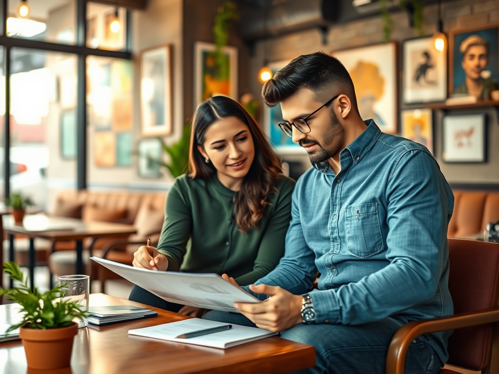 Two professionals are discussing a document in a cozy café, surrounded by plants and artwork.