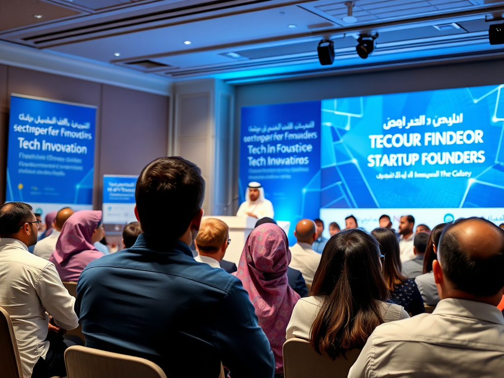 A diverse audience listens to a speaker at a tech innovation event focused on startup founders.