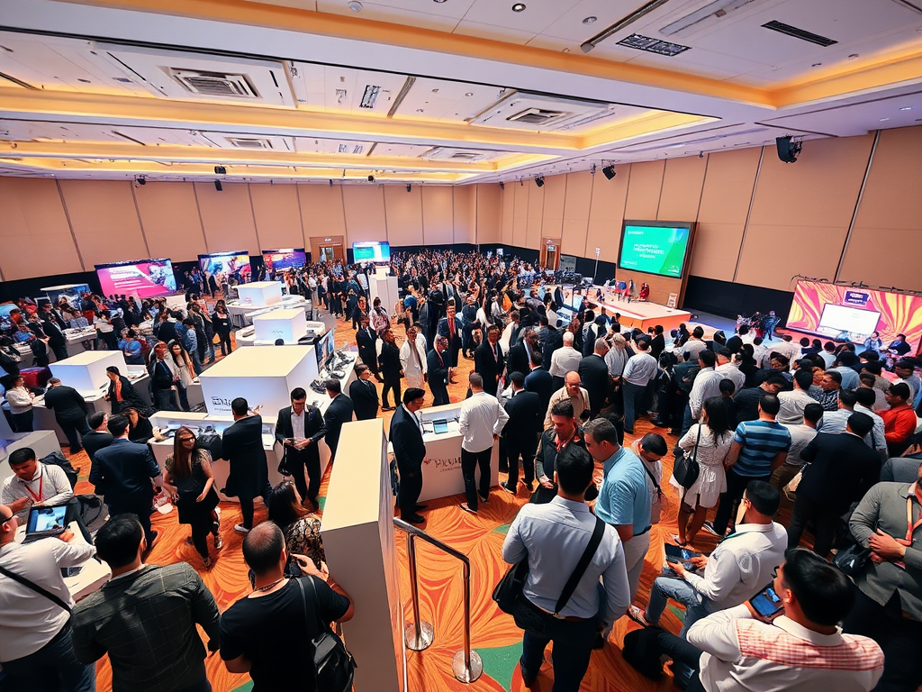 A crowded conference hall with many attendees engaging at booths and presentations. Large screens display content.